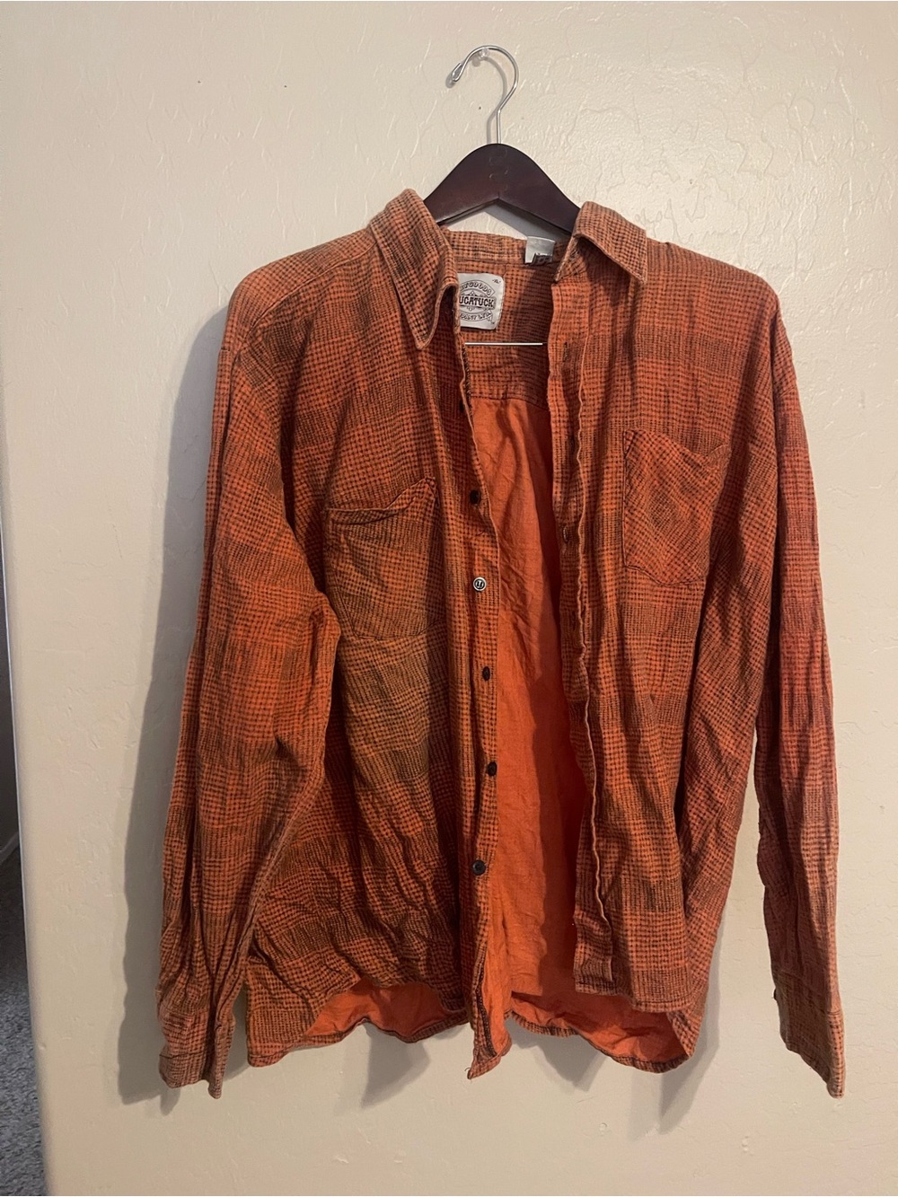 Vintage-Style Orange Plaid Mens Button-Up flannel